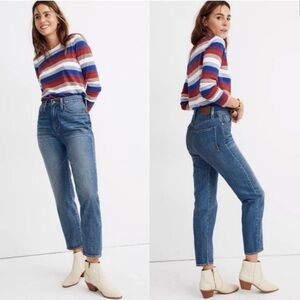 Madewell the mom jean denim stretch High Rise Cotton Blue size 30 straight leg